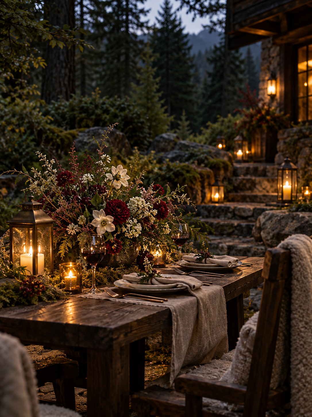 Intimate anniversary table beside a forest lodge