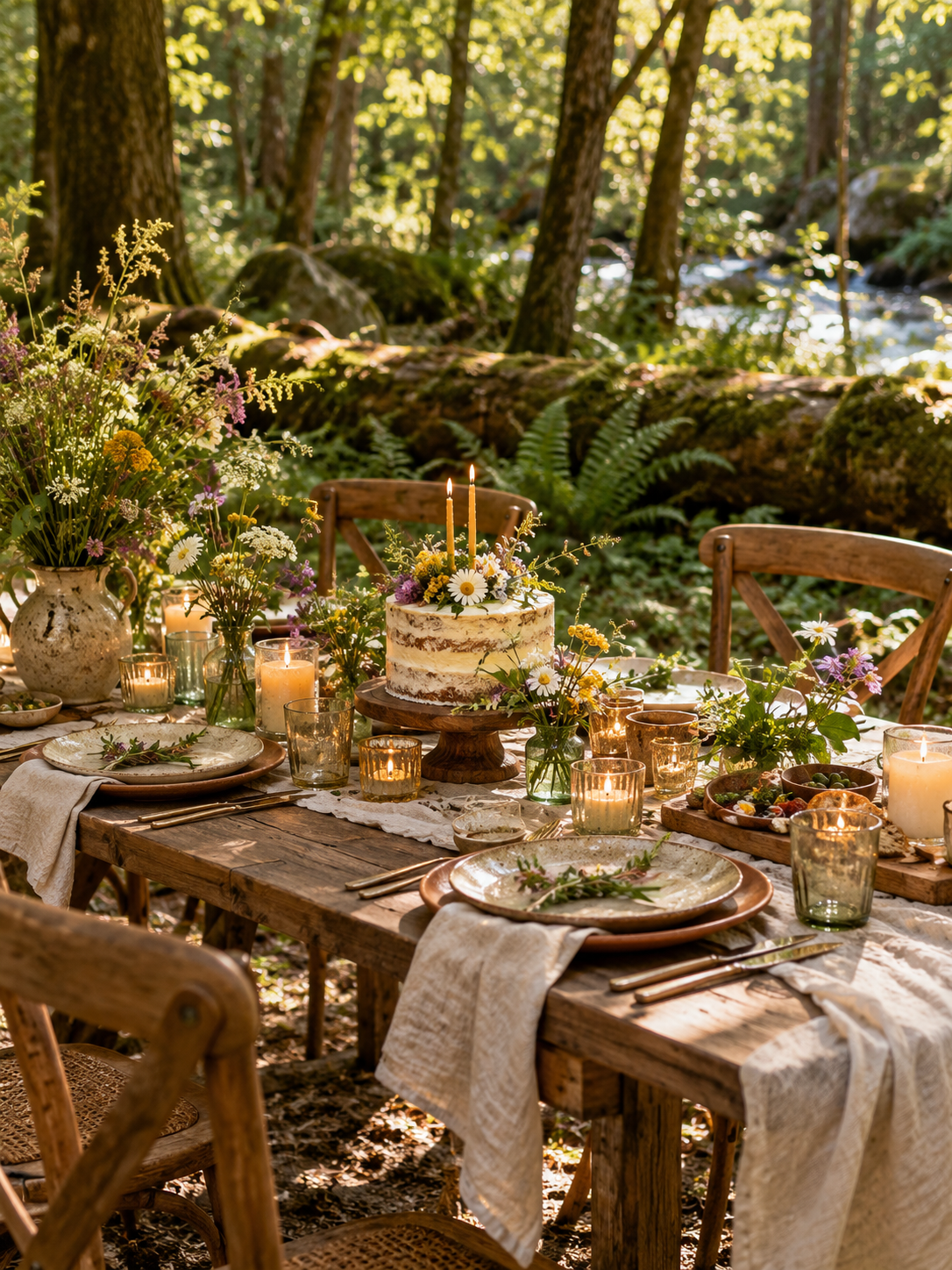 Woodland birthday table with flowers and candles