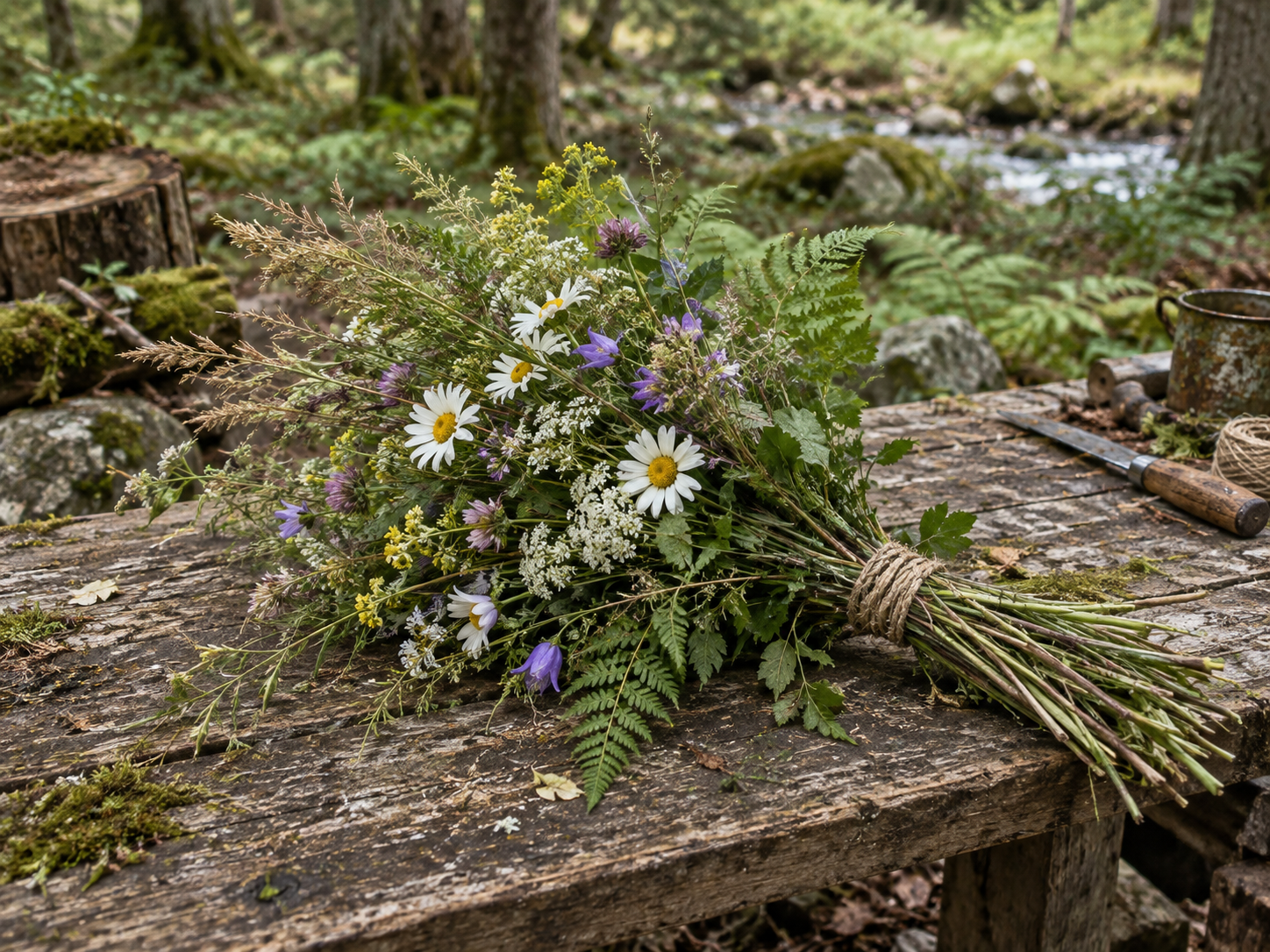 A loosely gathered wildflower bouquet on a weathered workbench in a forest clearing