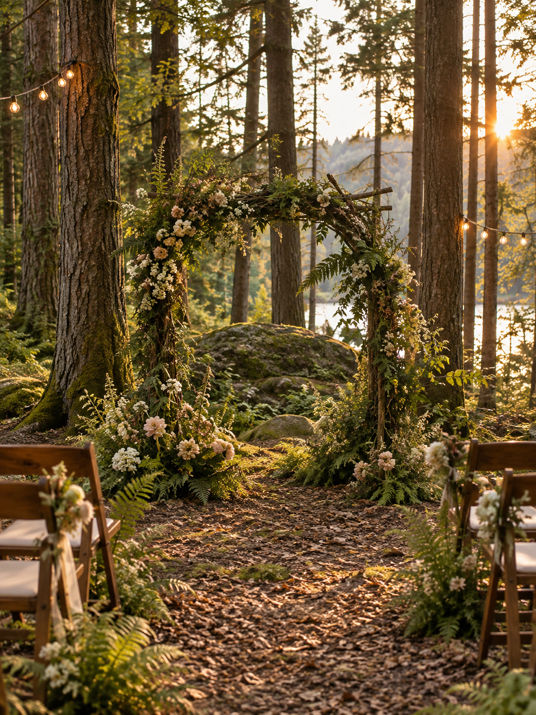 Wildflower wedding arch between tall trees
