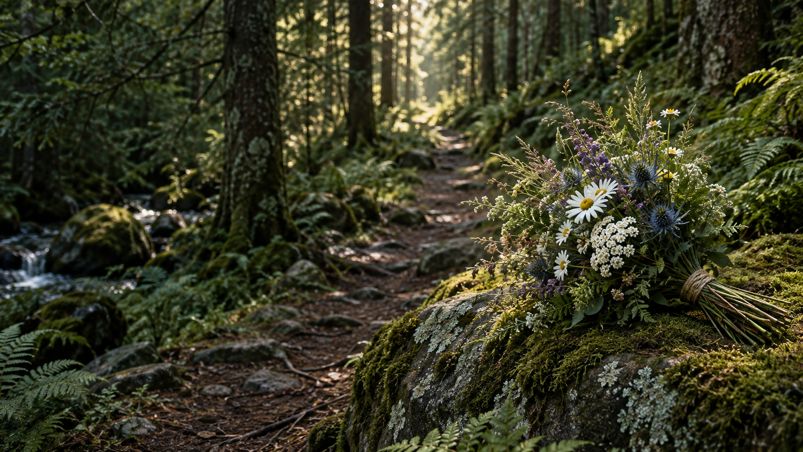 A wildflower bouquet resting on a moss-covered stone beside a forest path